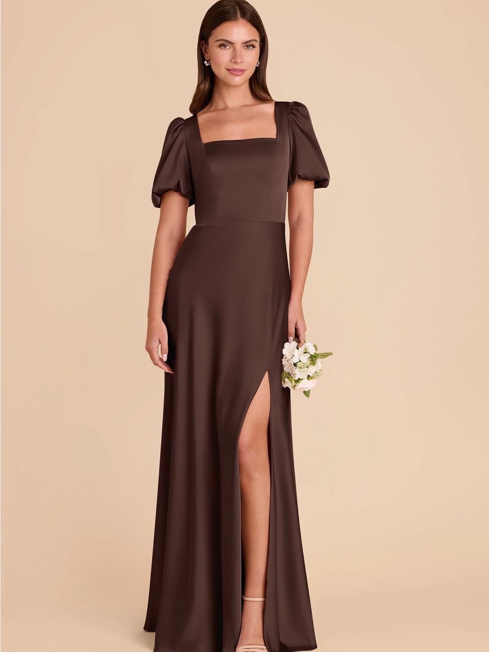 Elegant Brown Square-Neck Puff Sleeve Gown